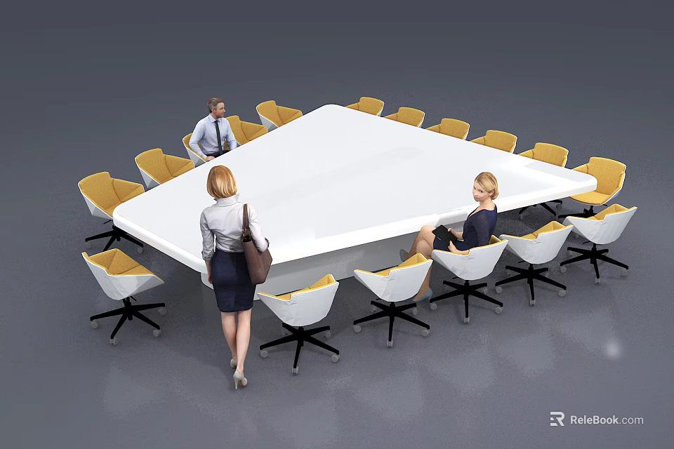 White Conference Table Surrounded by Yellow and White Chairs in Modern Meeting Setting 3d model 