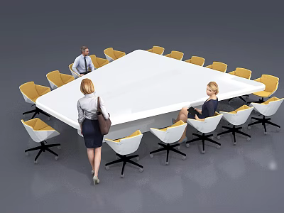 White Conference Table Surrounded by Yellow and White Chairs in Modern Meeting Setting 3d model