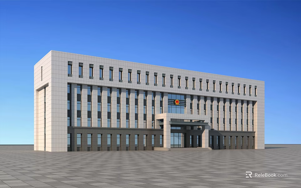 Modern Office Building With Light Colored Exterior Large Windows And Spacious Front Plaza 3d model 