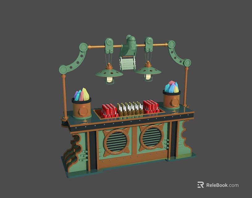 Cartoonish Style Snack Stall With Hanging Lamps Colorful Items And Bottles 3d model 