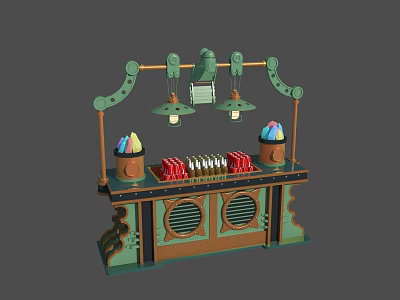 Cartoonish Style Snack Stall With Hanging Lamps Colorful Items And Bottles 3d model