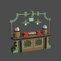 Cartoonish Style Snack Stall With Hanging Lamps Colorful Items And Bottles