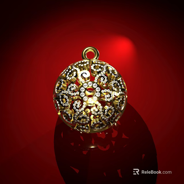 Luxury Golden Pendant With Ornate Diamond Encrusted Design Against Red Background With Shimmering Light 3d model 
