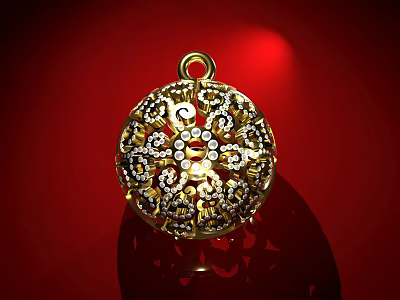 Luxury Golden Pendant With Ornate Diamond Encrusted Design Against Red Background With Shimmering Light 3d model