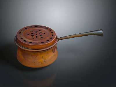 Vintage Copper Electric Cooking Pot with Perforated Lid and Long Handle 3d model