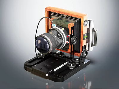 Retro Style Digital Camera With Wooden Frame Large Lens Black Base And Metal Components 3d model