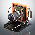 Retro Style Digital Camera With Wooden Frame Large Lens Black Base And Metal Components