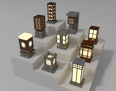 Various Designed Outdoor Lights with Intricate Patterns on White Tiered Display Stand 3d model