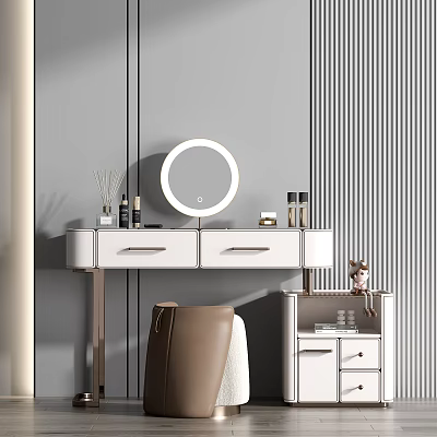 Stylish Dressing Table with Round Mirror Drawers and Skincare Products Against Gray Vertical Striped Wall 3d model