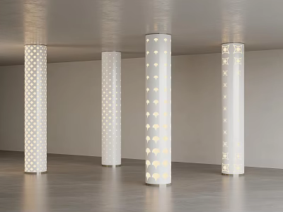 Modern White Columns with Perforated Patterns and Illuminated Effects in Interior Space 3d model