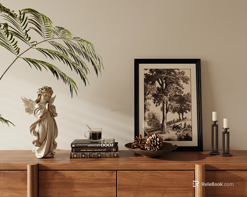 Decorative Ornament Set With Angel Statue Pinecone Bowl Black White Painting Candles On Wooden Cabinet 3d model 
