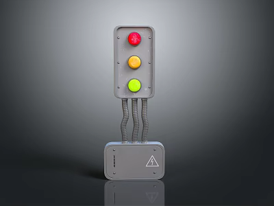 Industrial Control Panel With Red Yellow Green Buttons Warning Triangle Base And Wires 3d model