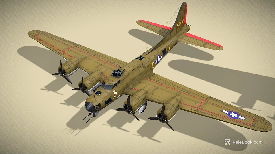 Beige Military Fighter Aircraft With Four Propellers Red Stripes And US Star Insignia On Wings 3d model 