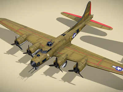 Beige Military Fighter Aircraft With Four Propellers Red Stripes And US Star Insignia On Wings 3d model