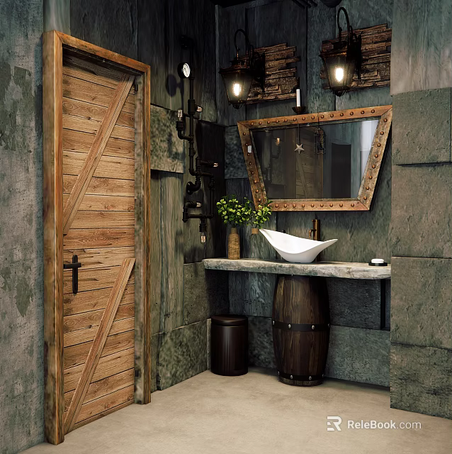 Rustic Industrial Washbasin With Stone Walls Wooden Door Barrel Base White Bowl Sink Mirror 3d model 