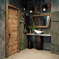 Rustic Industrial Washbasin With Stone Walls Wooden Door Barrel Base White Bowl Sink Mirror