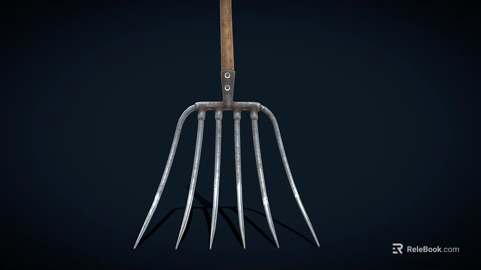 Agricultural Equipment Farm Fork With Wooden Handle And Five Metal Tines 3d model 