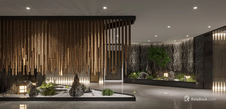Modern Zen Hotel Corridor With Wooden Vertical Slats Stone Landscape Green Plants And Soft Lighting 3d model 