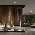 Modern Zen Hotel Corridor With Wooden Vertical Slats Stone Landscape Green Plants And Soft Lighting