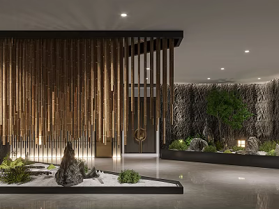 Modern Zen Hotel Corridor With Wooden Vertical Slats Stone Landscape Green Plants And Soft Lighting 3d model