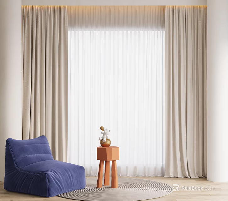 Blue Bean Bag Chair in Living Room with Side Table Decorative Items and Curtains 3d model 