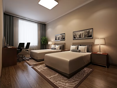Modern Hotel Guest Room With Twin Beds Desk Chair Window Curtains And Decorative Paintings 3d model