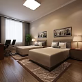 Modern Hotel Guest Room With Twin Beds Desk Chair Window Curtains And Decorative Paintings