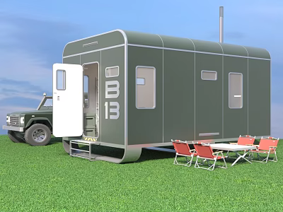 Green Trailer With Open Door Parked Near 4x4 Vehicle Folding Table Red Chairs On Grass 3d model