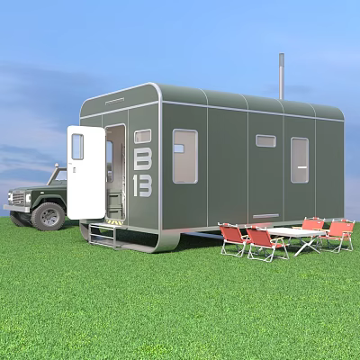 Green Trailer With Open Door Parked Near 4x4 Vehicle Folding Table Red Chairs On Grass 3d model