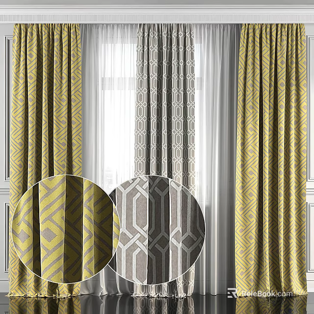 Yellow And Gray Geometric Pattern Curtains With White Sheer Window Panels 3d model