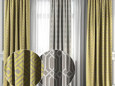 Yellow And Gray Geometric Pattern Curtains With White Sheer Window Panels 3d model