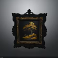 Ornate Black Carved Frame With Golden Tree Painting And Dark Background