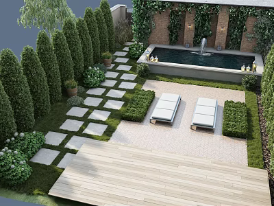 Elegant Garden Landscape With Trimmed Trees Stone Path Loungers Fountain And Wooden Deck 3d model