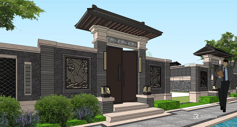 Traditional Chinese Style Entrance Gate With Black Doors Carved Wall And Stone Steps 3d model 