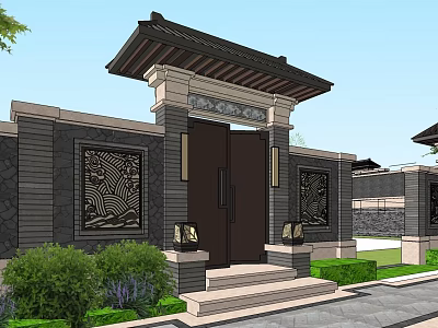 Traditional Chinese Style Entrance Gate With Black Doors Carved Wall And Stone Steps 3d model