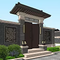 Traditional Chinese Style Entrance Gate With Black Doors Carved Wall And Stone Steps