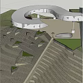 Modern Waterfront Landscape With Curved White Building Stepped Plazas And Green Trees
