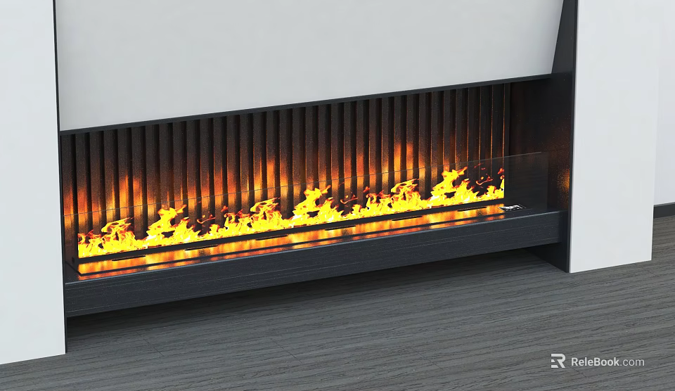 Modern Linear Fireplace With Black Grille And Realistic Flame Effect In Living Space 3d model 
