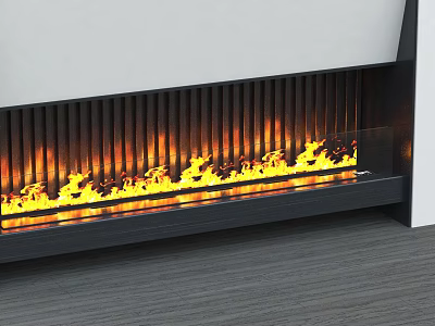 Modern Linear Fireplace With Black Grille And Realistic Flame Effect In Living Space 3d model