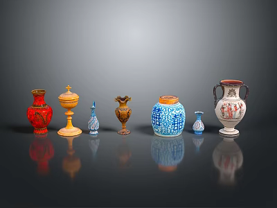 Colorful Household Vases With Diverse Shapes And Glossy Finish Arranged On Black Background 3d model