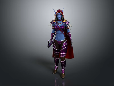 Blue Skinned Fantasy Character With Purple Gold Armor Red Cape Horns Standing Pose 3d model