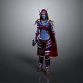 Blue Skinned Fantasy Character With Purple Gold Armor Red Cape Horns Standing Pose