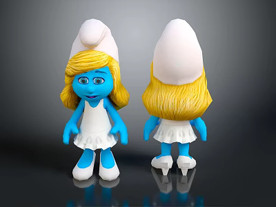 Blue Smurf Character Toy Figure With Front Back View Blonde Hair White Dress Hat 3d model
