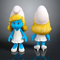 Blue Smurf Character Toy Figure With Front Back View Blonde Hair White Dress Hat