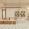 Bright Bubble Tea Shop Interior With Wooden Counter Seating Area And Green Plants