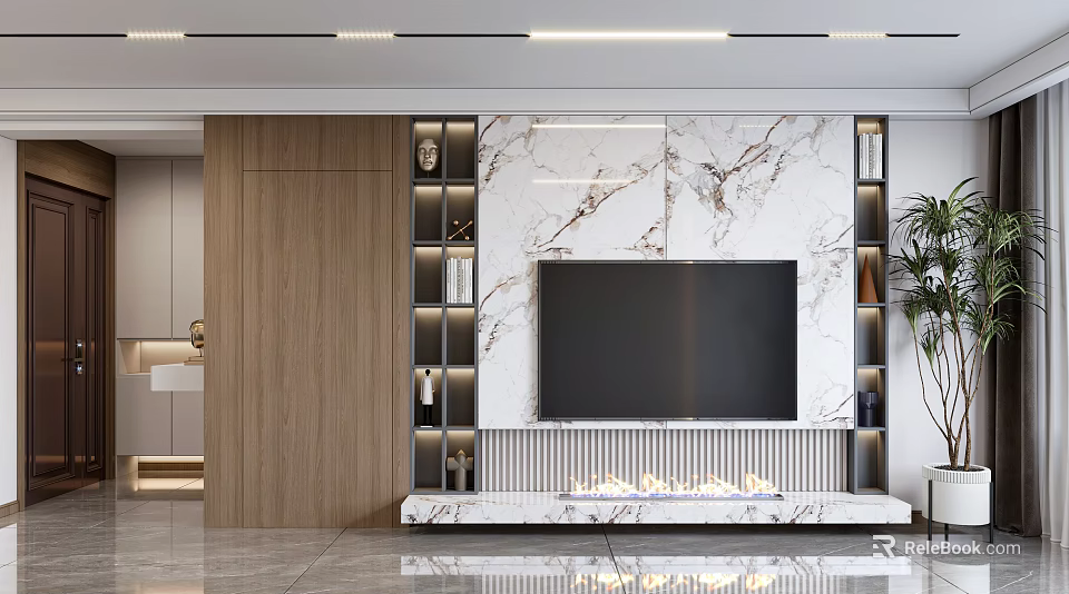 Modern TV Background Wall Interior Design With Marble Panel TV Side Shelves And Fireplace 3d model 