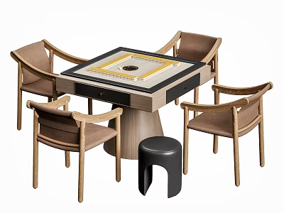 Wooden Square Entertainment Table With Round Center Four Chairs And Stool For Leisure Activities 3d model