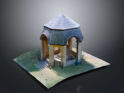 Detailed Gazebo Model With Conical Roof Columns Steps And Grass Base 3d model