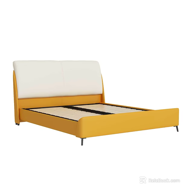 Yellow Frame Double Bed With White Headboard And Wooden Slats Support Base 3d model 