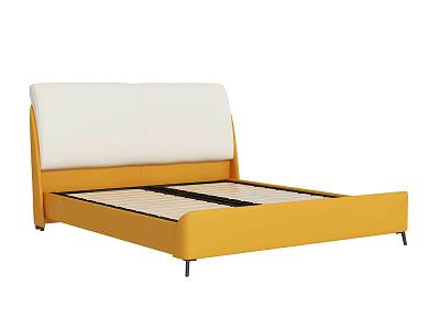 Yellow Frame Double Bed With White Headboard And Wooden Slats Support Base 3d model